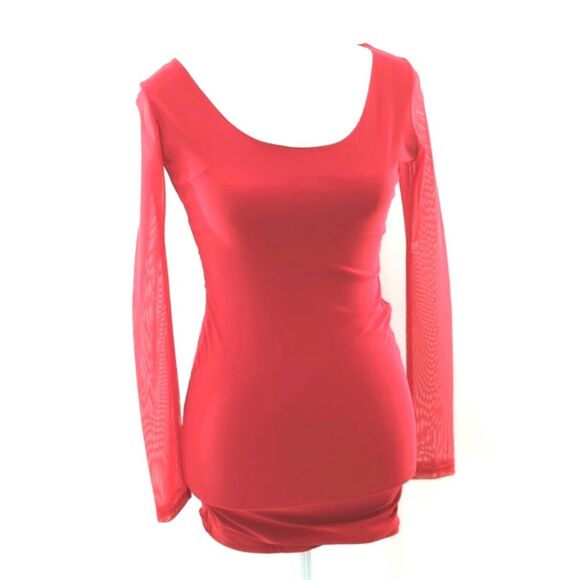 A’GACI Y2K Red Bodycon Asymmetrical Open Back Mesh Sleeve Mini Dress Size Small - Picture 2 of 8